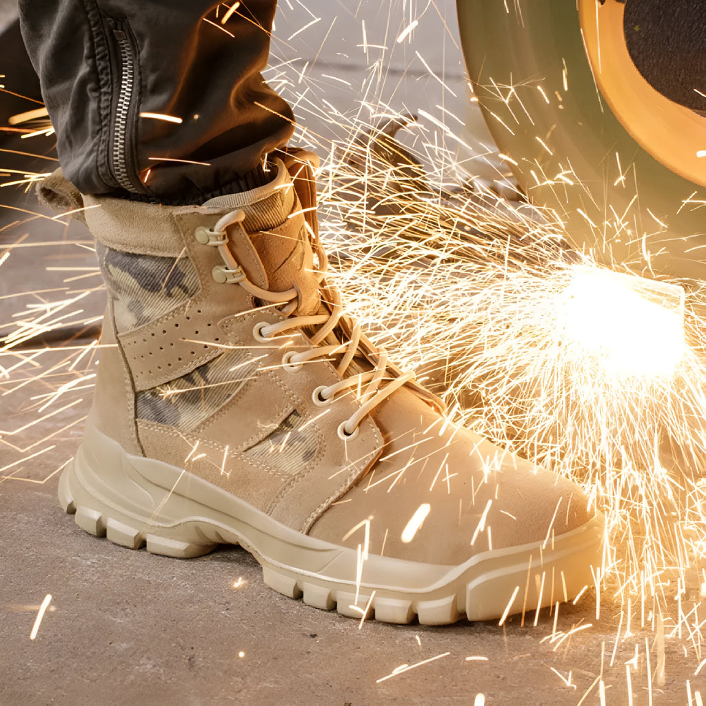 Khaki suede high-top safety combat boots with a steel toe cap and black rubber sole, shown with laces.