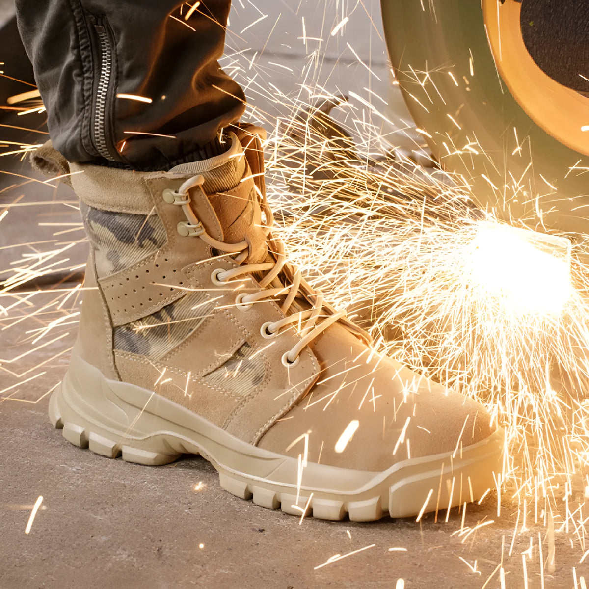 Khaki suede high-top safety combat boots with a steel toe cap and black rubber sole, shown with laces.