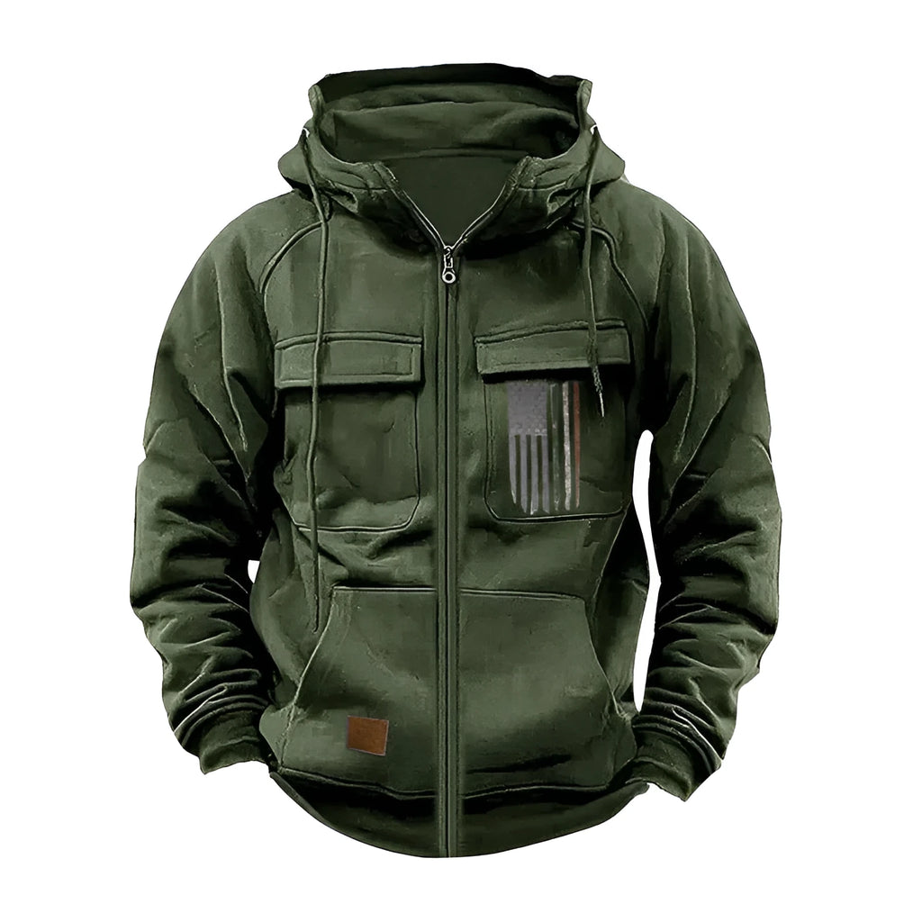 Men's loose fit hooded sweatshirt with zip, long sleeves, polyester fabric, available in multiple colours