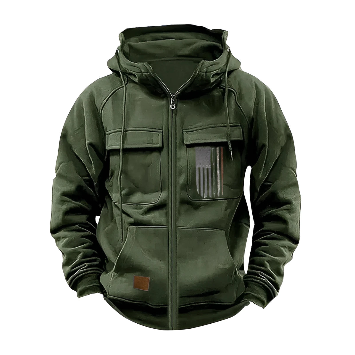 Men's loose fit hooded sweatshirt with zip, long sleeves, polyester fabric, available in multiple colours