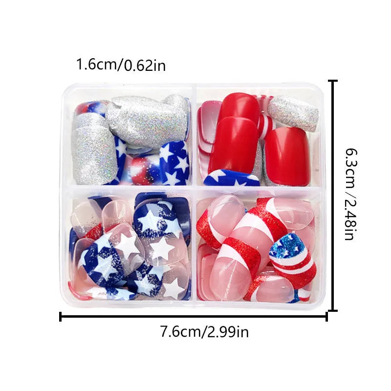 Independence Day false nails set with American star design in European square shape