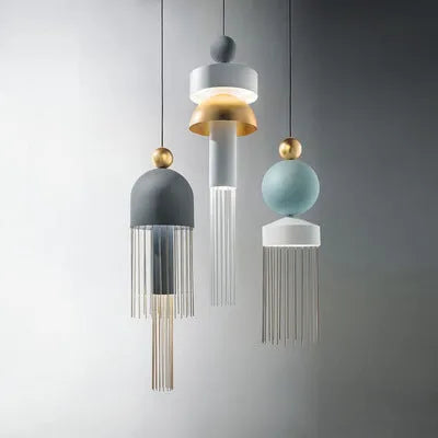 Glass tassel chandelier iron pendant lamp with LED light, button switch, adjustable height 1m, 220V, Style A B C