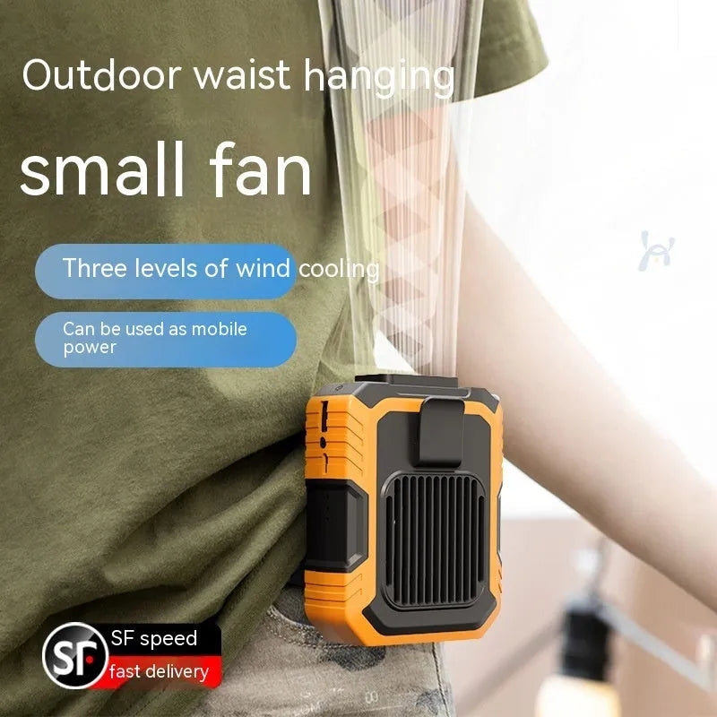 Green wrist-hanging portable fan with USB power bank and LED light on a white background.