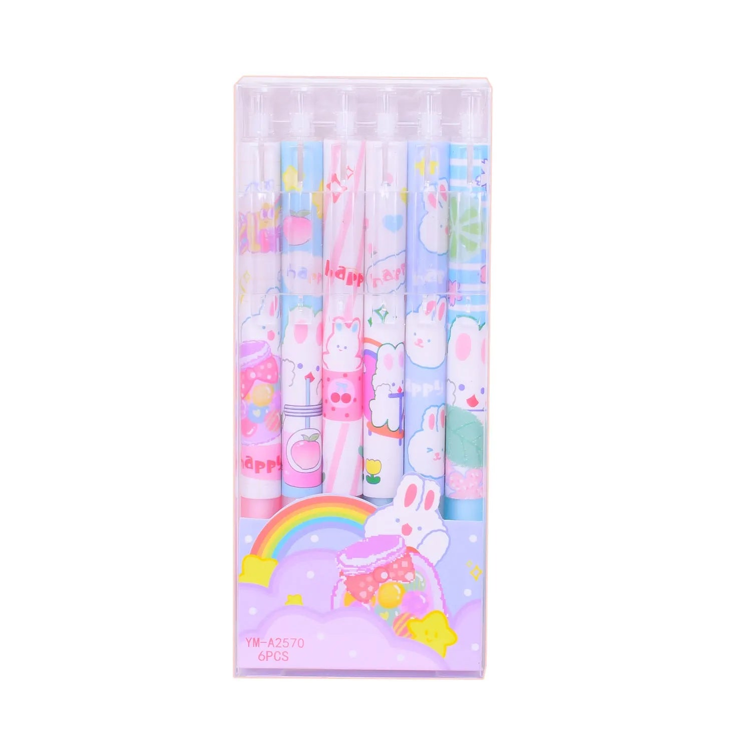 Six plastic ballpoint pens with cartoon bunny design showing 0.5mm tips and neutral black ink