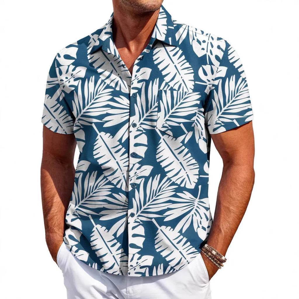 Men's slim fit Hawaiian short sleeve shirt in solid colour with cardigan styling