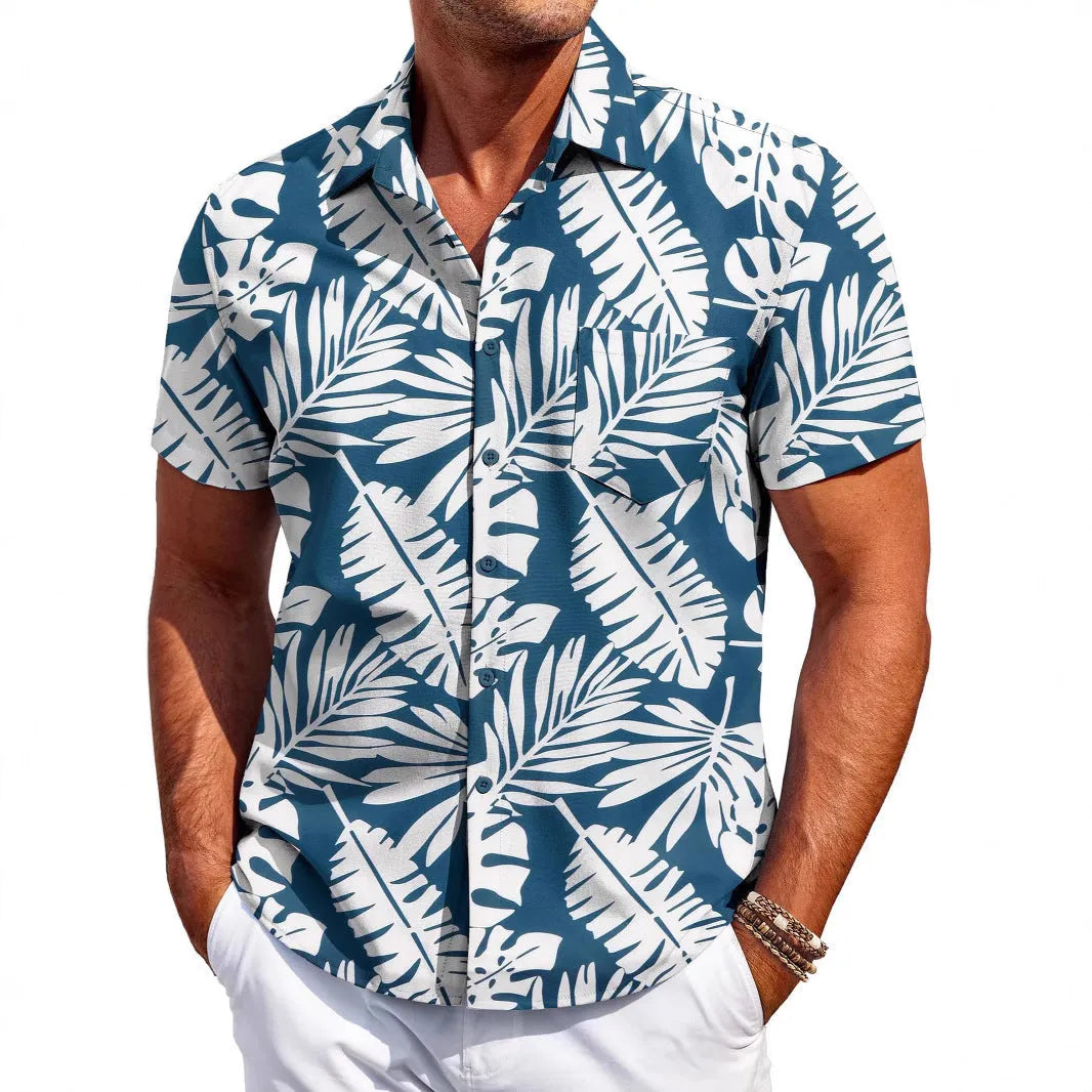 Men's slim fit Hawaiian short sleeve shirt in solid colour with cardigan styling