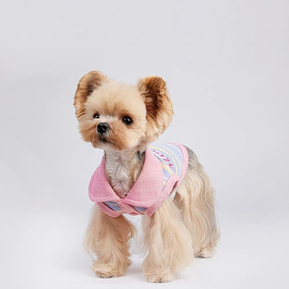 Pink purple fleece-lined autumn vest for a small dog or cat on a mannequin.