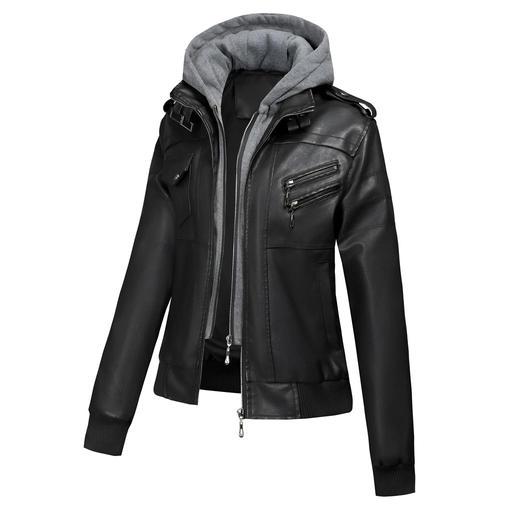 Women's faux leather motorcycle jacket in black, loose fit, sizes S to XXL, with pocket and no fur collar