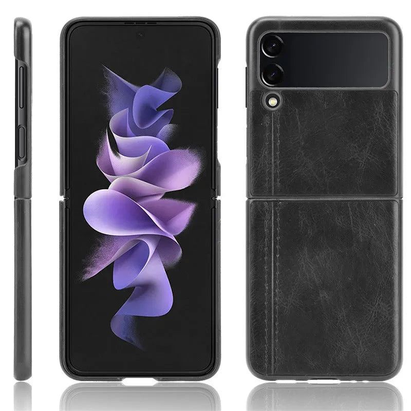 Cow pattern car thread PC leather phone case for Samsung Galaxy Z Flip 3 and Z Flip 4 in black, blue, wine red or yellow.
