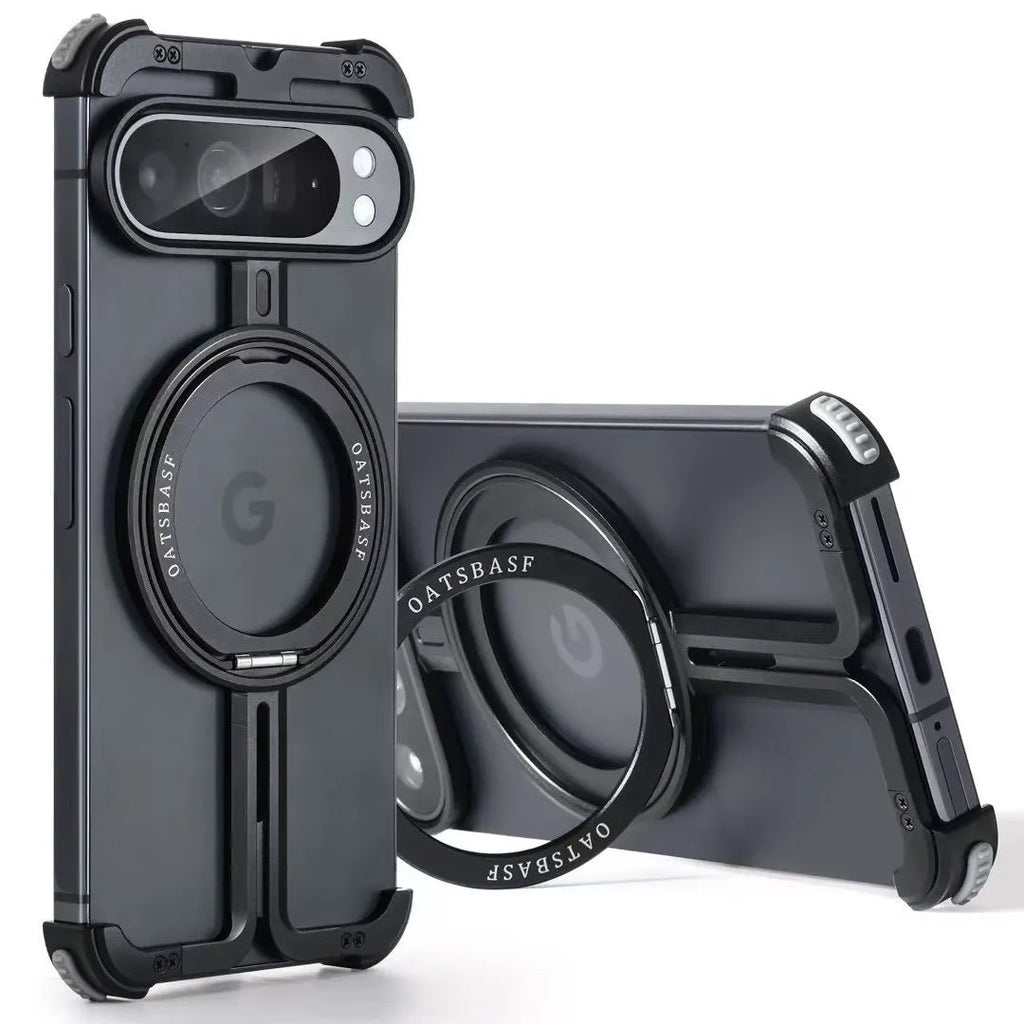 Aluminum alloy phone case with rotatable magnetic bracket for Google Pixel 9 Pro Fold, black upgraded edition