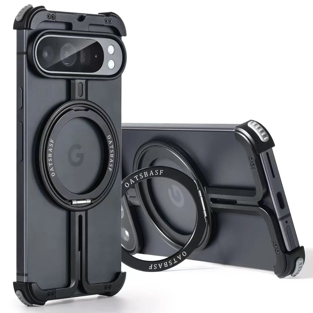 Aluminum alloy phone case with rotatable magnetic bracket for Google Pixel 9 Pro Fold, black upgraded edition