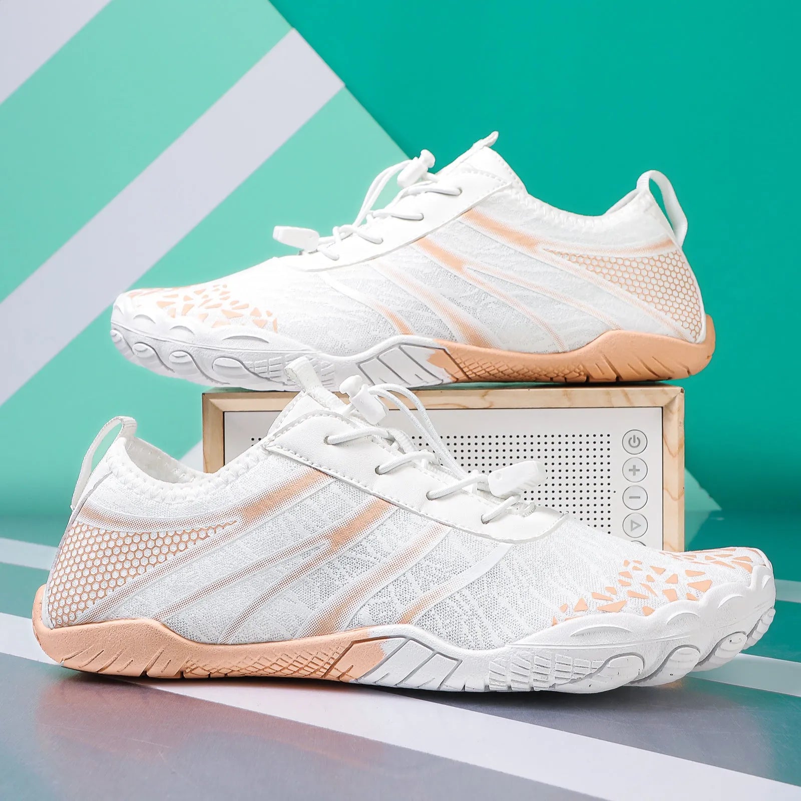 Unisex casual beach running shoe with Lycra stretch fabric upper, shown in A826 colour options.
