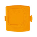 Red silicone baking tray with matching anti-scald gloves on kitchen counter