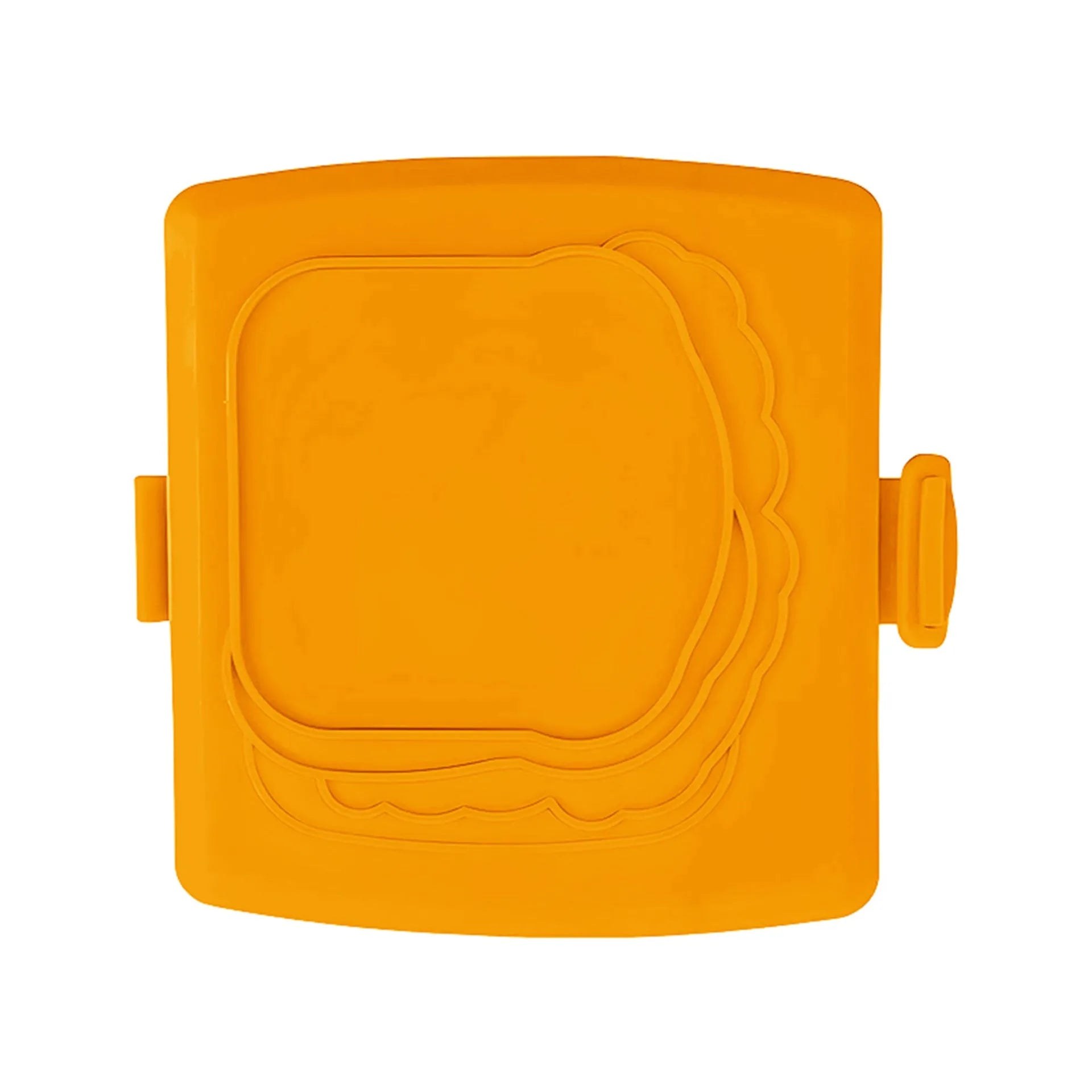 Red silicone baking tray with matching anti-scald gloves on kitchen counter