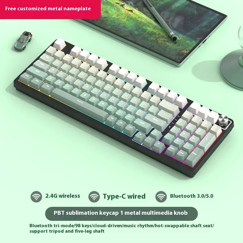 98-key wireless Bluetooth mechanical keyboard kit with metal control knob and multiple colour options