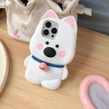 Pink bell small white dog silicone phone case for iPhone 12 to 15 Pro Max, all-inclusive fall protection.