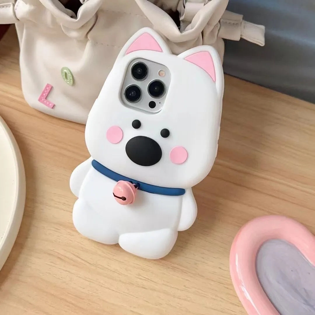 Pink bell small white dog silicone phone case for iPhone 12 to 15 Pro Max, all-inclusive fall protection.