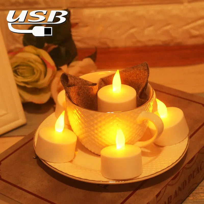 White plastic USB rechargeable LED candle lamp, 4cm base, 5.5cm flame head, yellow white colourful light