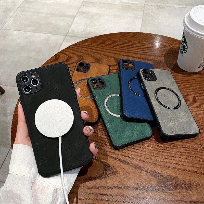 Black imitation leather magnetic charging phone case for iPhone showing business design