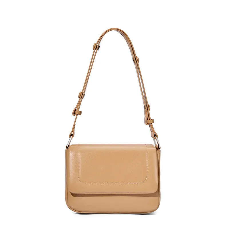 Genuine leather flap shoulder bag with soft two-layer cowhide in black, greyish white, or apricot.