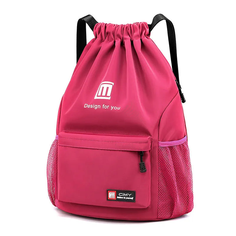 Unisex foldable Oxford drawstring backpack in multiple colours, showing large main compartment and shoulder straps.