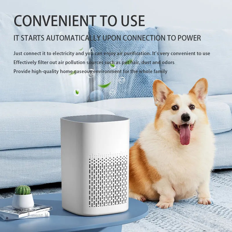 Simple style desktop air purifier with USB cable for small room and office use.