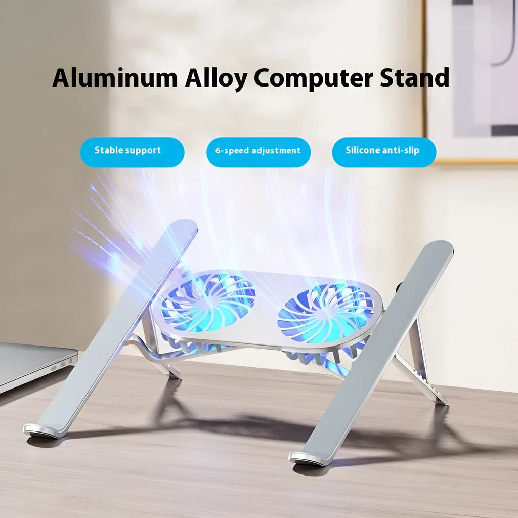 Aluminium alloy laptop cooling stand with twin fans in folded position showing silver finish