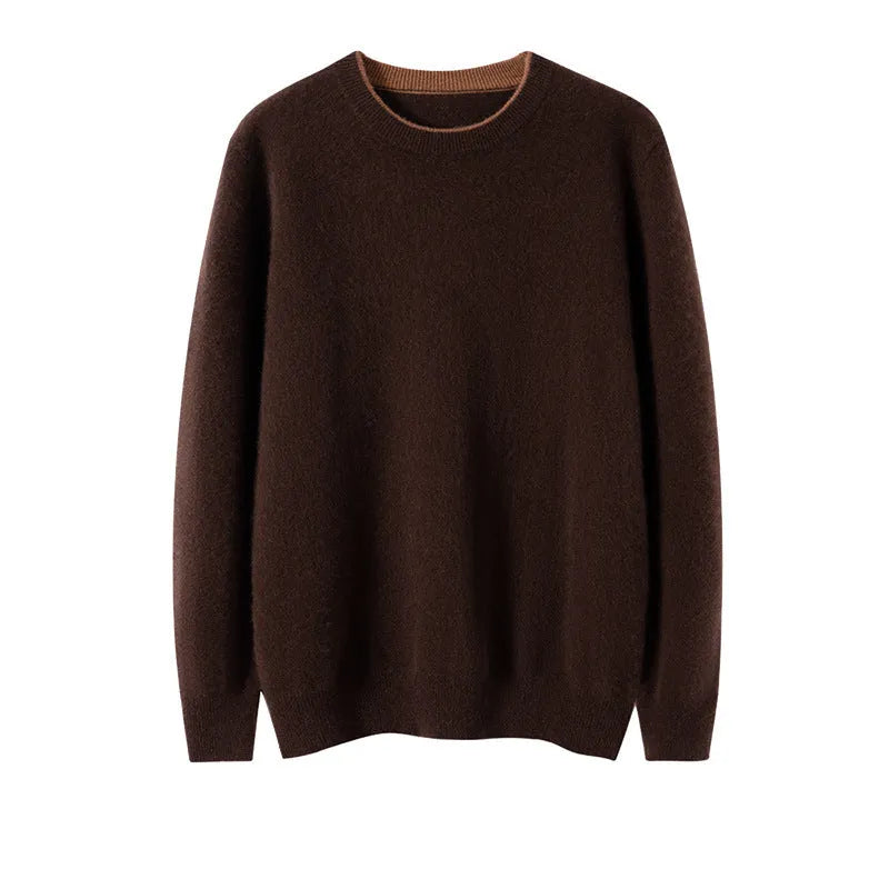 Men's loose fit woolen pullover sweater in dark gray, brown, and dark blue colour options