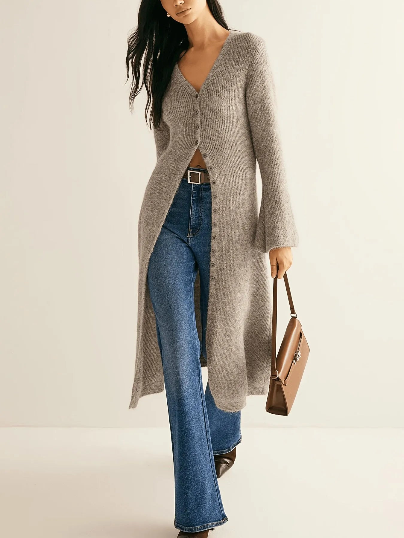 Khaki French style retro cardigan coat with long sleeves and button front closure
