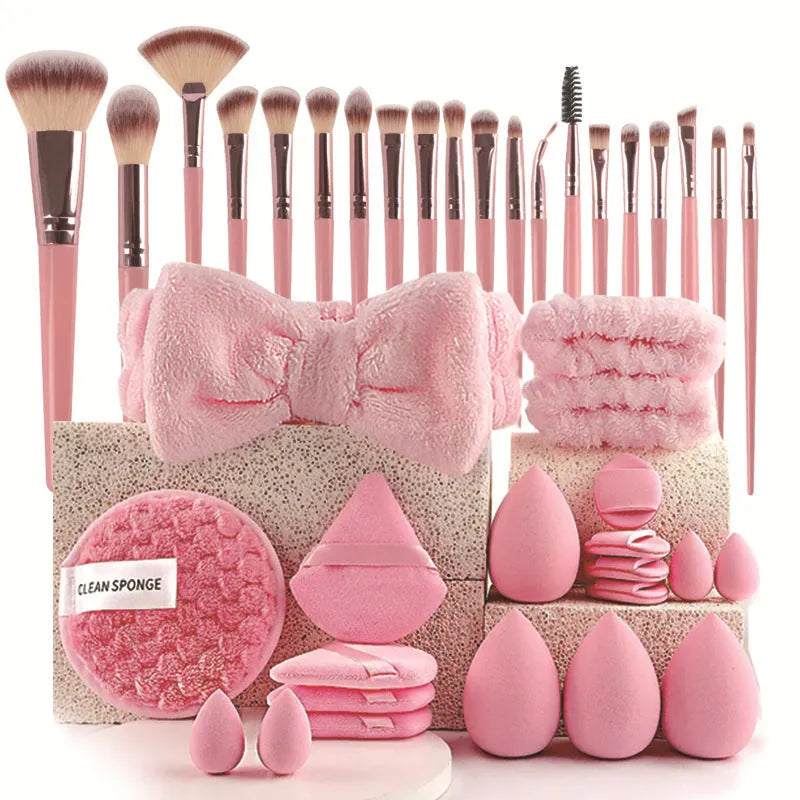 Beauty tool combination set with hydrophilic non-latex material in brown, pink, and purple colours