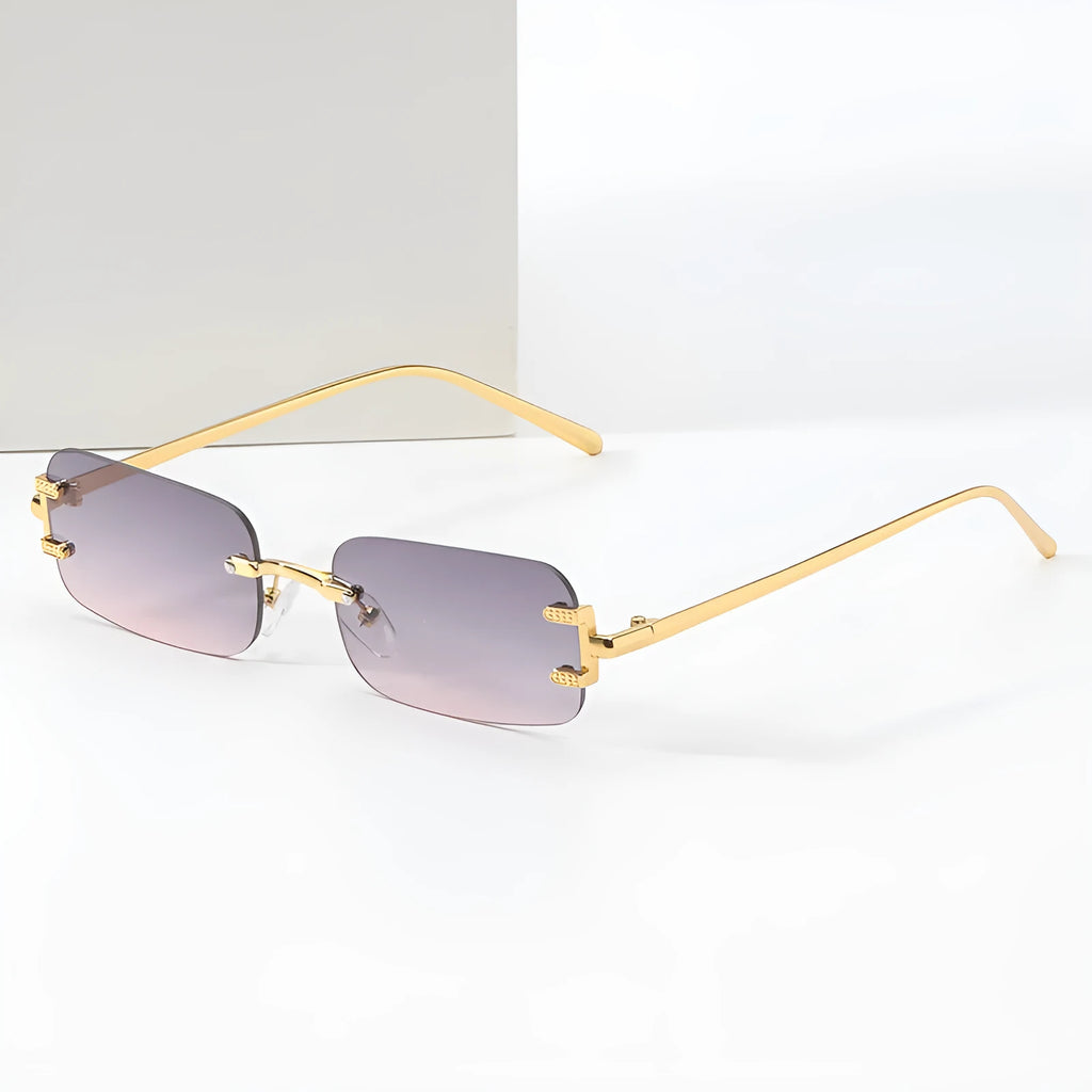 Retro square frameless sunglasses with metal frame and AC lenses, shown in gold or black frame colour options