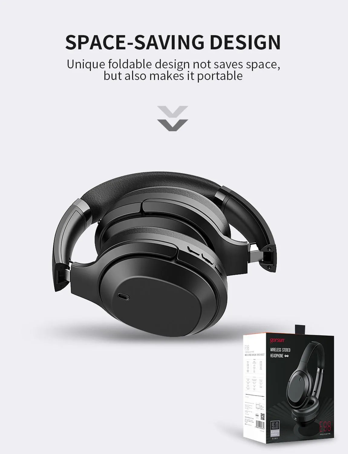 Black Gorsun E98 wireless over-ear Bluetooth headphones with padded headband and large ear cushions.