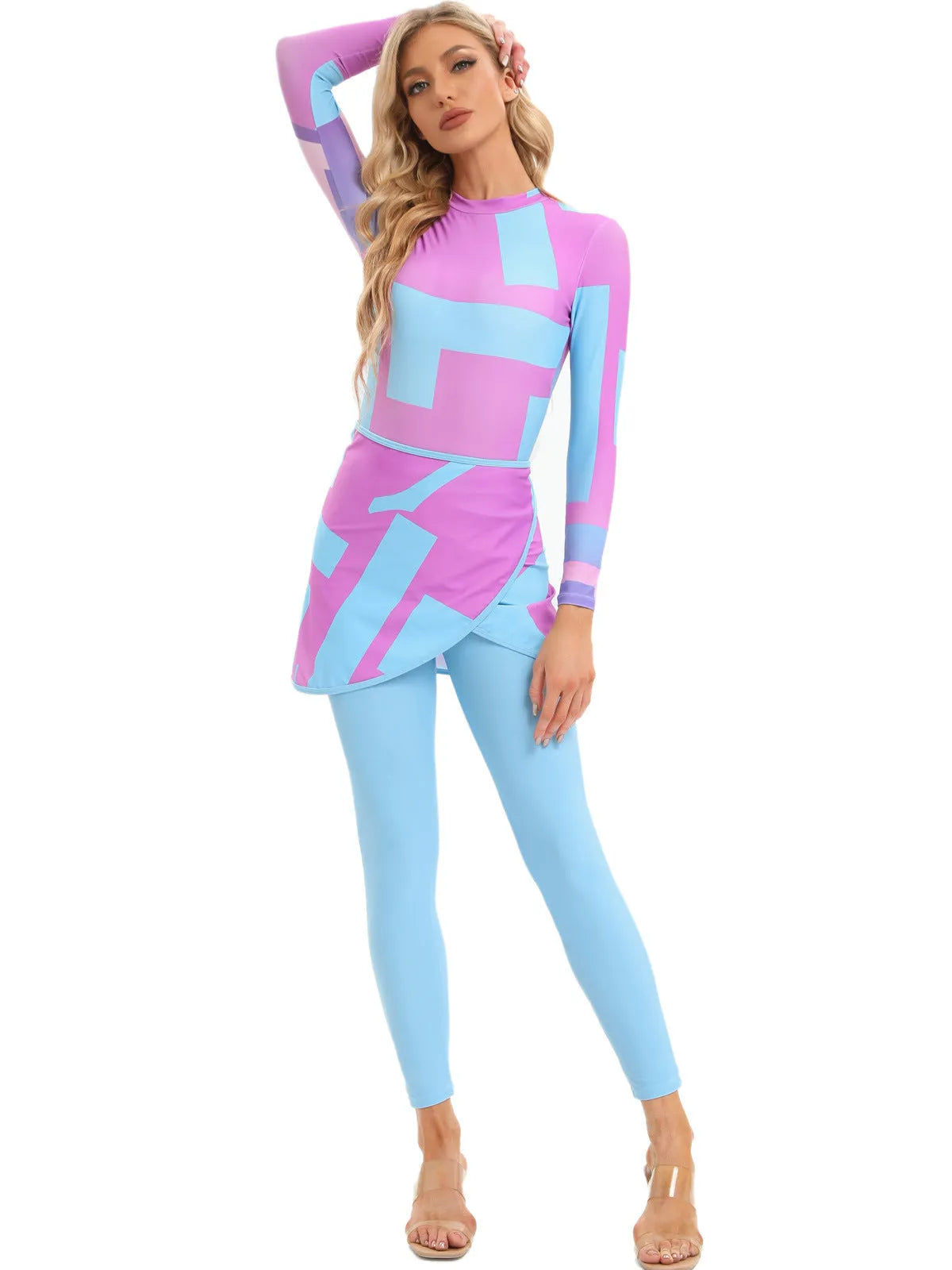 Conservative long sleeve swimsuit and apron set for women in blue, on a hanger.