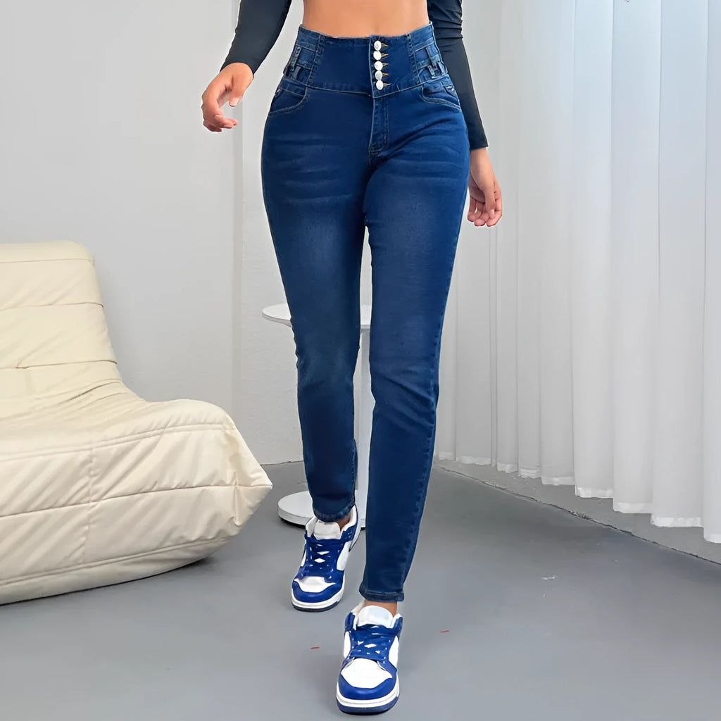 Women's dark blue straight-leg trousers with breasted waist button closure