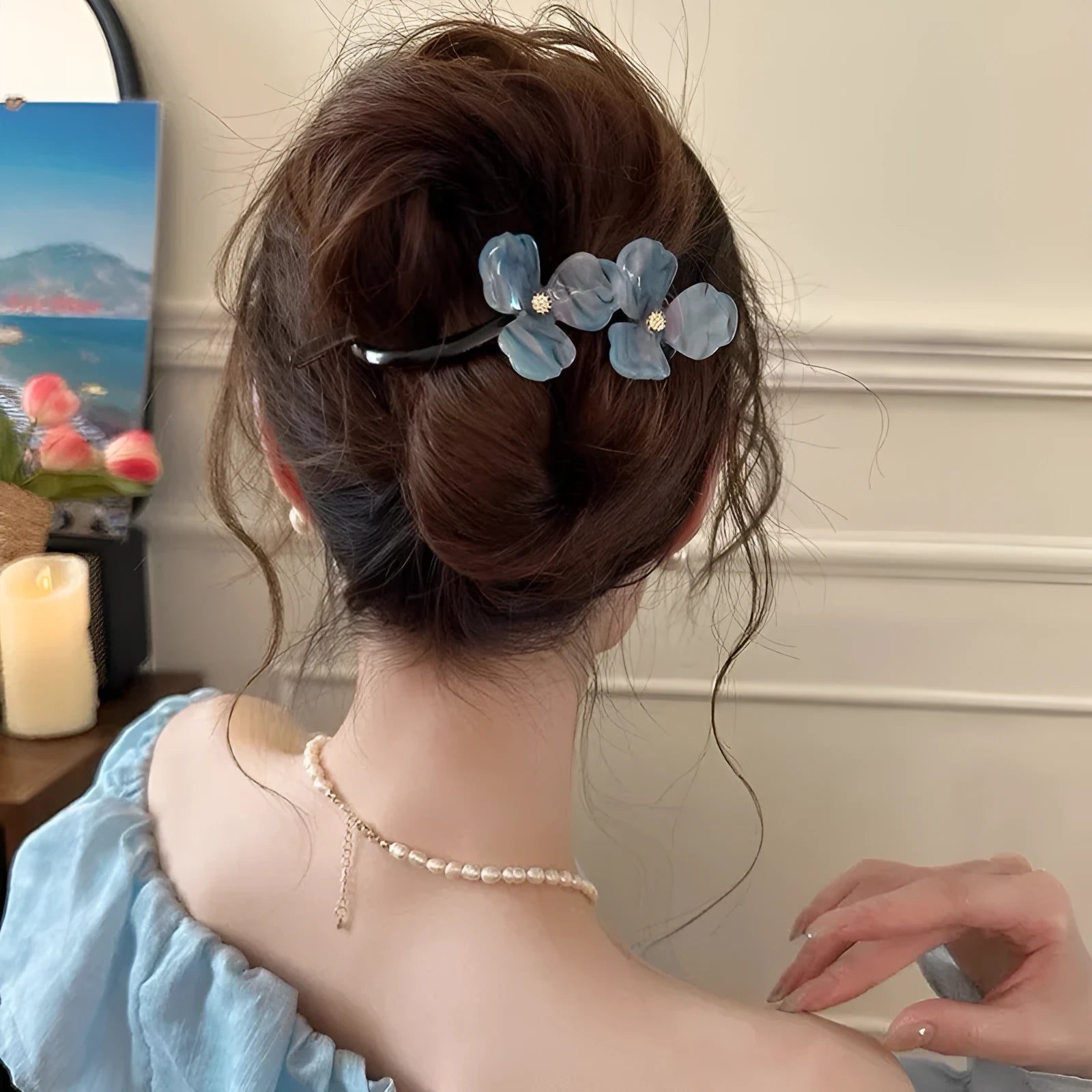 Retro flower acrylic bobby pin with petal design in blue colour for updo hairstyle