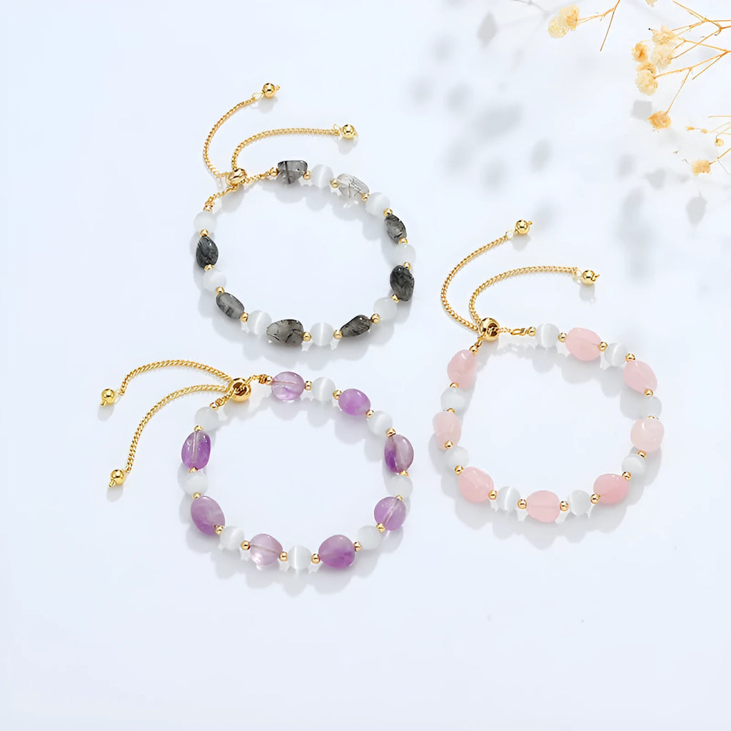 Women's crystal white opal beaded bracelet in amethyst, pink crystal, or black hair crystal with polished finish