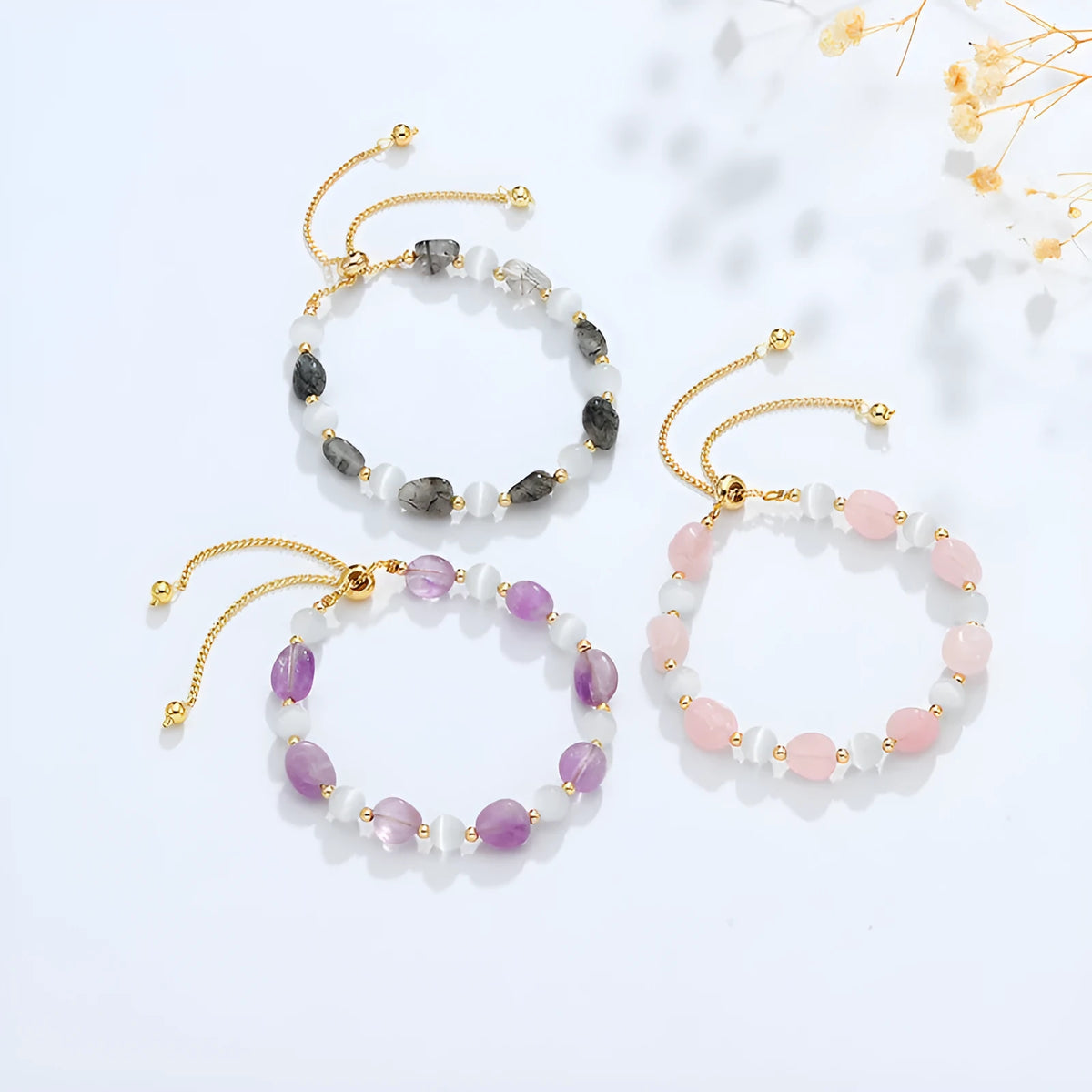 Women's crystal white opal beaded bracelet in amethyst, pink crystal, or black hair crystal with polished finish