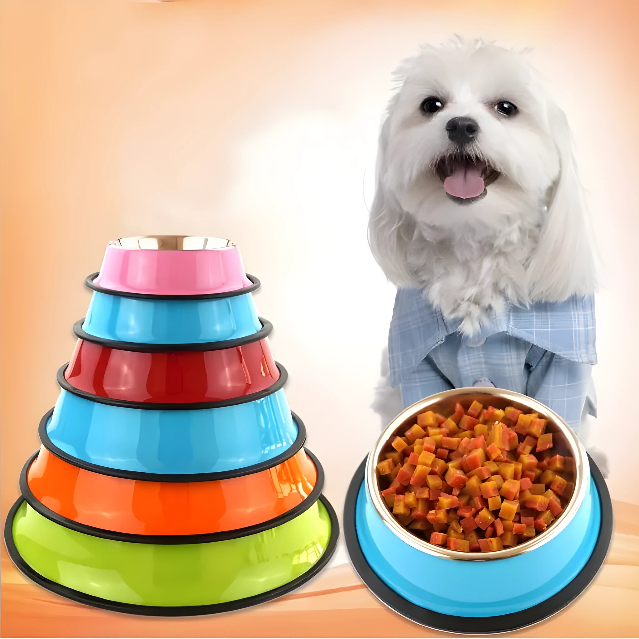 Dual-use stainless steel pet bowl with colourful melamine exterior and non-slip rubber base
