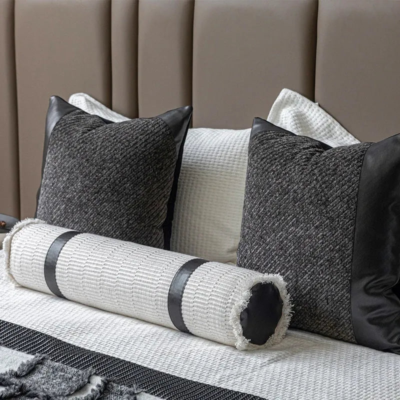 Modern grey and white plaid bed runner blanket set with pillow on 1.5m bed