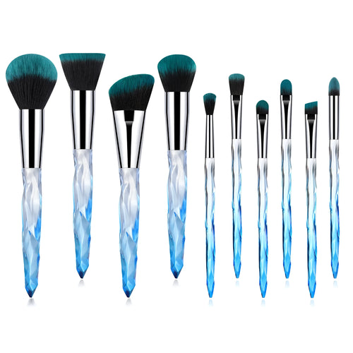 10 crystal handle foundation brushes with synthetic fibre bristles in black blue red yellow colours