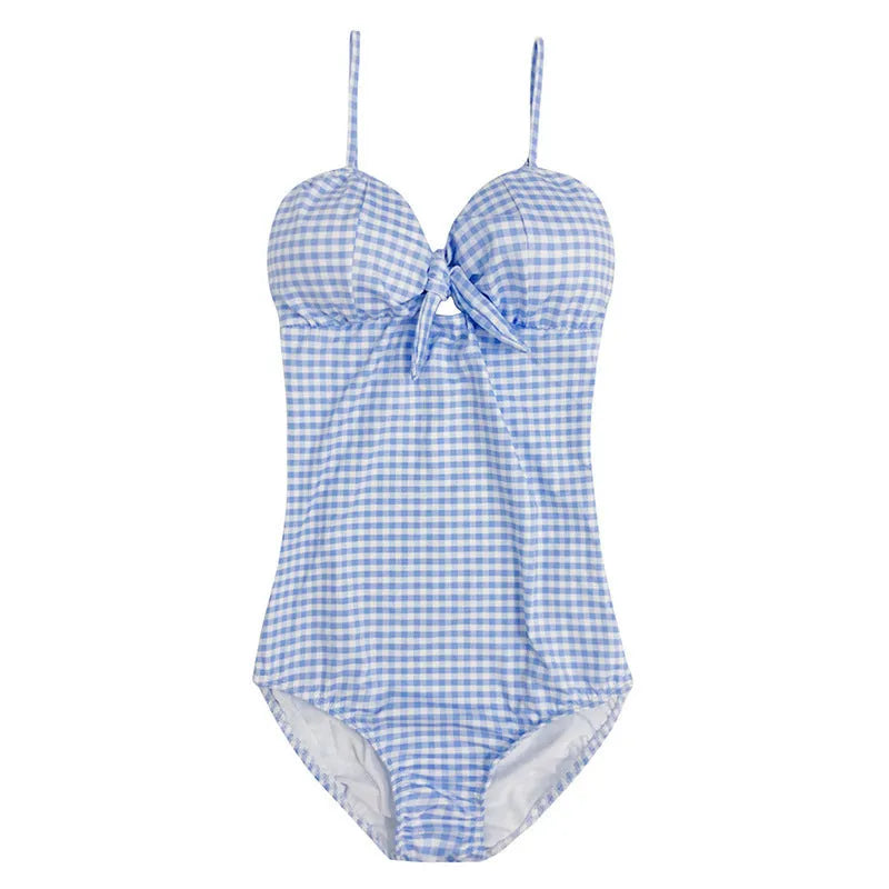 Blue and white plaid women's one-piece swimsuit on a hanger.