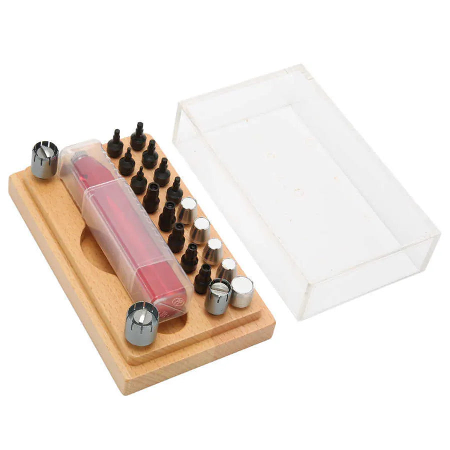 Set of 20 steel watch repair extracting tubes for opening watch cases on a repair mat.