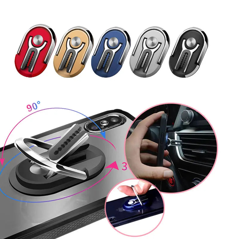 Universal car mobile phone bracket with ring holder and suction cup mount in black, shown holding a smartphone.