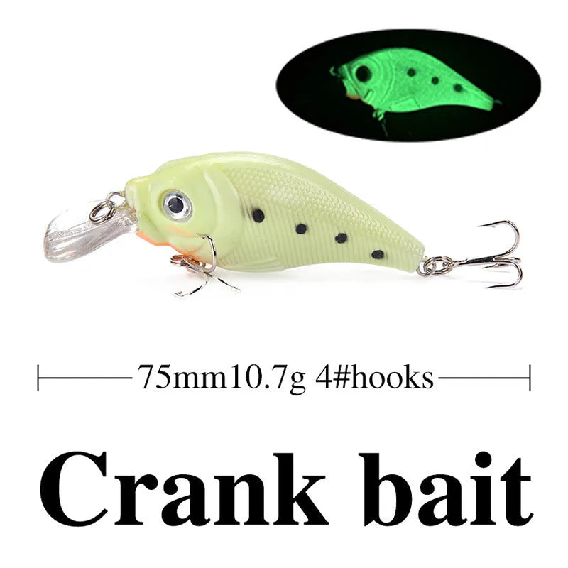 Set of five 3D fluorescent simulation hard bait fishing lures with luminous elements