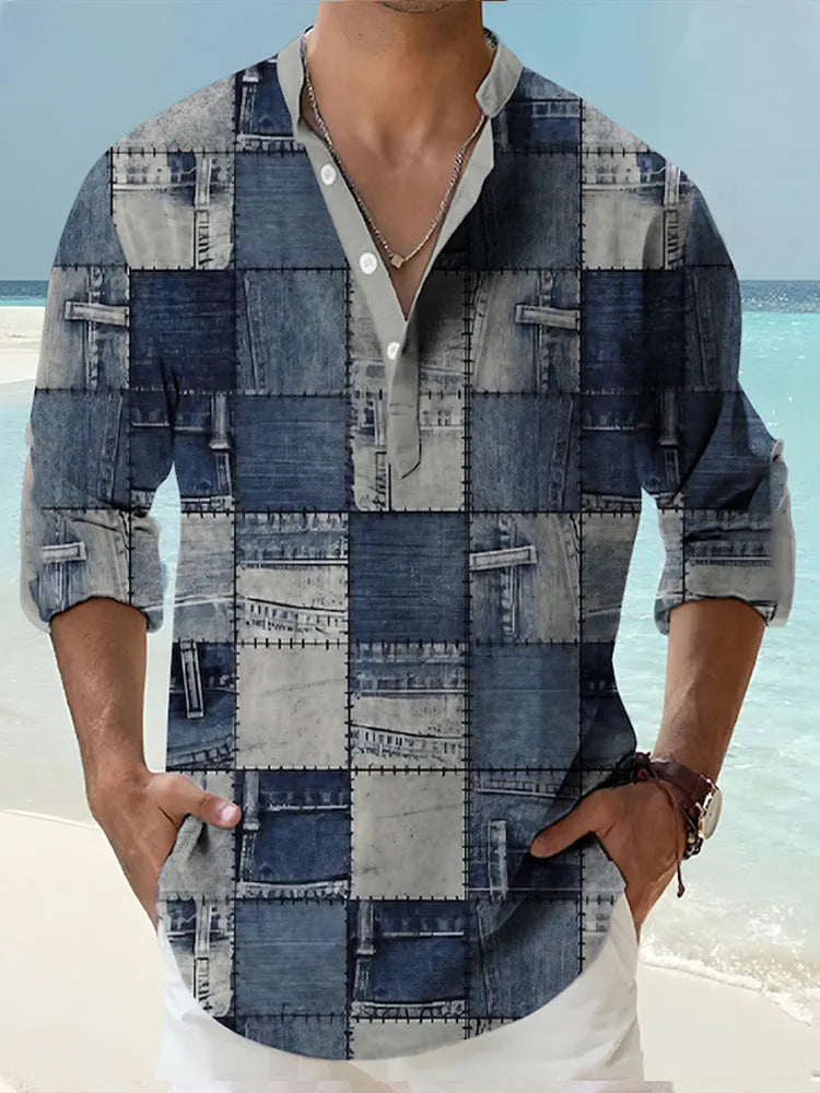 Man wearing a thin striped long sleeve casual shirt in cardigan style.