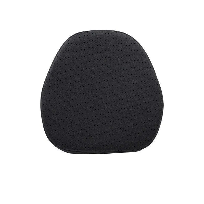 Minimalist brown car headrest with integrated neck pillow and lumbar support cushion.