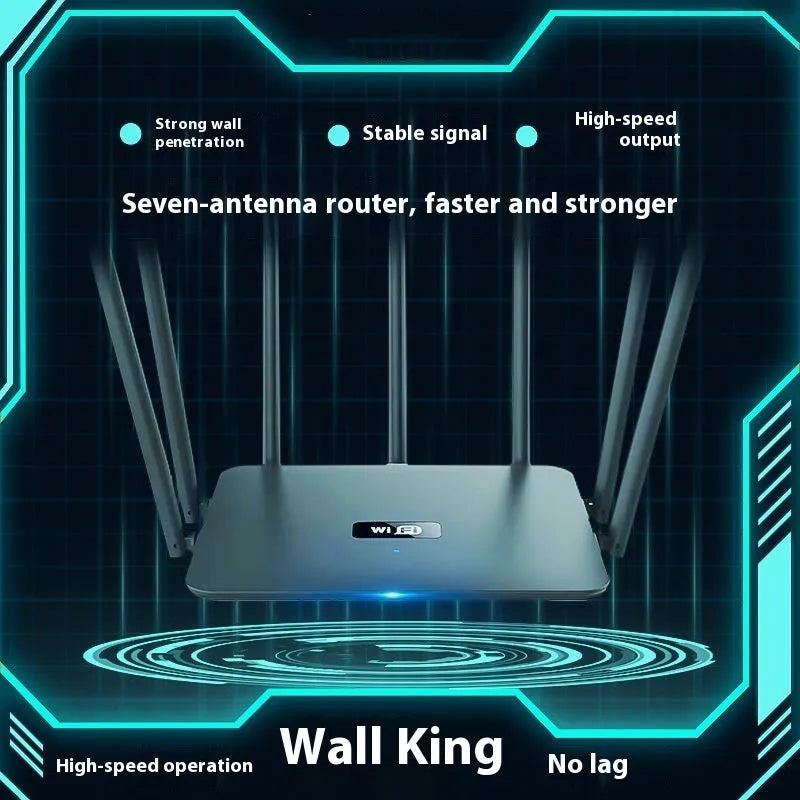 Black or white dual-band 5G Gigabit router with multiple antennas for through-wall WiFi coverage measuring 50x30x10 cm