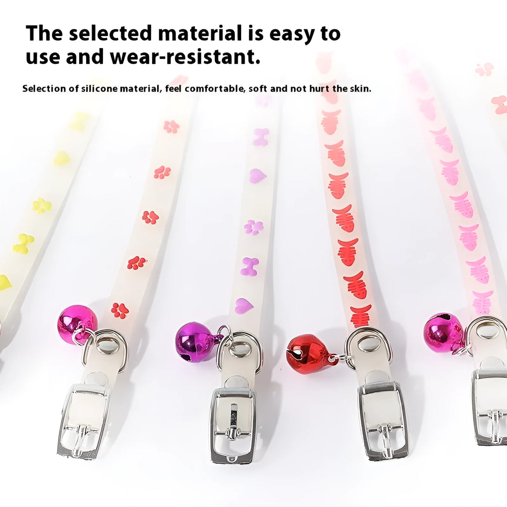 Luminous cat collar with adjustable silicone chain showing fishbone pattern design and metal bell