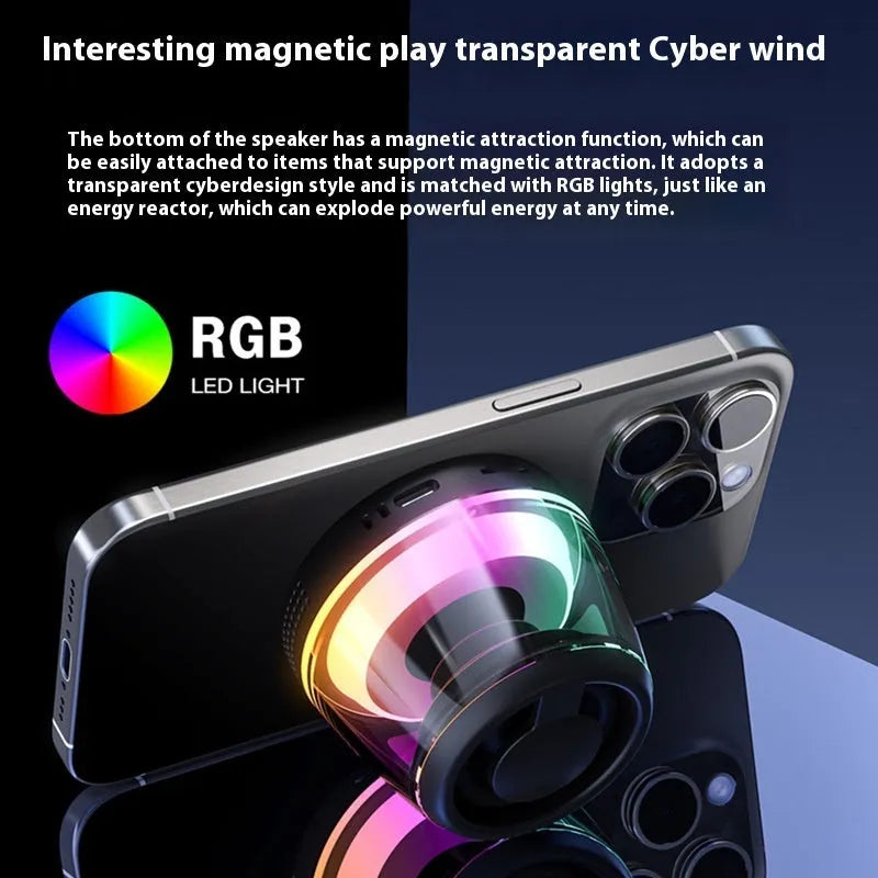 Portable wireless Bluetooth mini speaker with magnetic base and ambient lighting in black or white colour