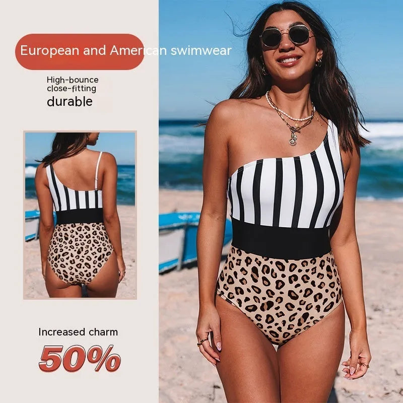 Leopard print women's one-piece swimsuit with asymmetric collar and high-waisted briefs